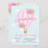 ピンクフローラホットエアバルーン誕生日招待状 招待状 (正面/裏面)