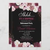 ピンクフローラホワイト金ゴールドサプライズ退職パーティー 招待状 (正面/裏面)