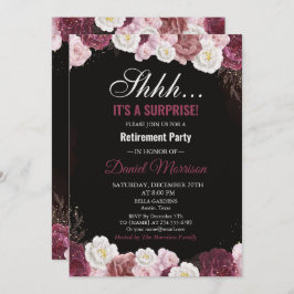 ピンクフローラホワイト金ゴールドサプライズ退職パーティー 招待状