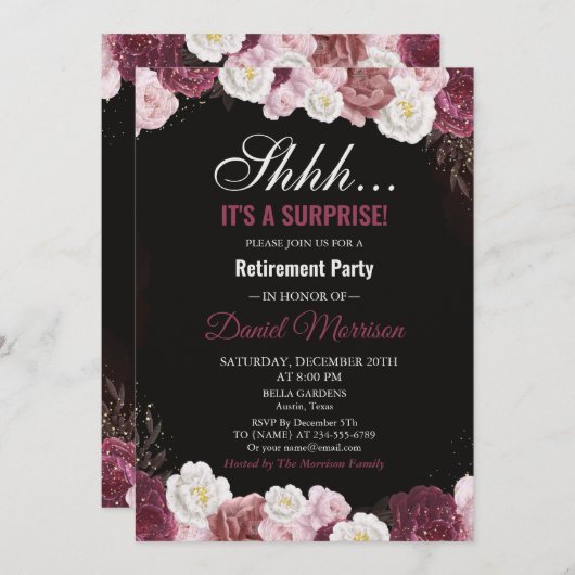 ピンクフローラホワイト金ゴールドサプライズ退職パーティー 招待状 (正面/裏面)