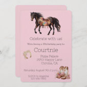 ピンクフローラホースウェスタン女性のカーボーイ誕生日 招待状 (正面/裏面)