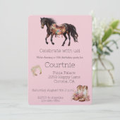 ピンクフローラホースウェスタン女性のカーボーイ誕生日 招待状 (スタンド正面)