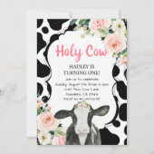 ピンクフローラホーリーカウイワンガールファースト誕生日 招待状 (正面)