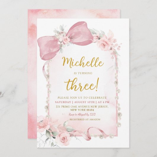 ピンクフローラボウガール3rd誕生日招待状 招待状 (正面/裏面)