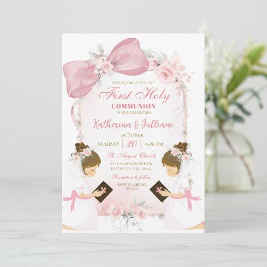 ピンクフローラボウツインズガールファースト聖餐式 招待状 (スタンド正面)