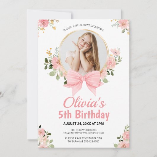 ピンクフローラボウフォトガール誕生日 招待状 (正面)