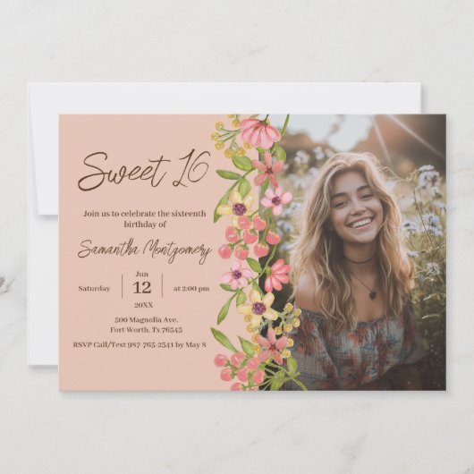 ピンクフローラボホスウィート16フォトバースデーパーティー 招待状 (正面)