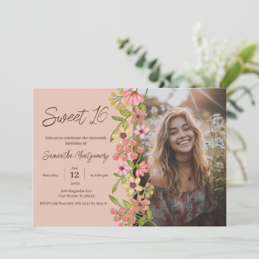 ピンクフローラボホスウィート16フォトバースデーパーティー 招待状 (スタンド正面)