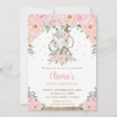 ピンクフローラボホトリバルエレファントガール1歳の誕生日 招待状 (正面)