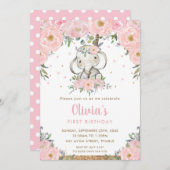 ピンクフローラボホトリバルエレファントガール1歳の誕生日 招待状 (正面/裏面)