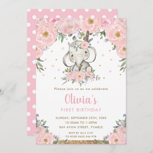 ピンクフローラボホトリバルエレファントガール1歳の誕生日 招待状 (正面/裏面)