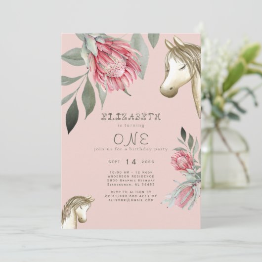 ピンクフローラポニーバースデーパーティーの招待 招待状 (スタンド正面)
