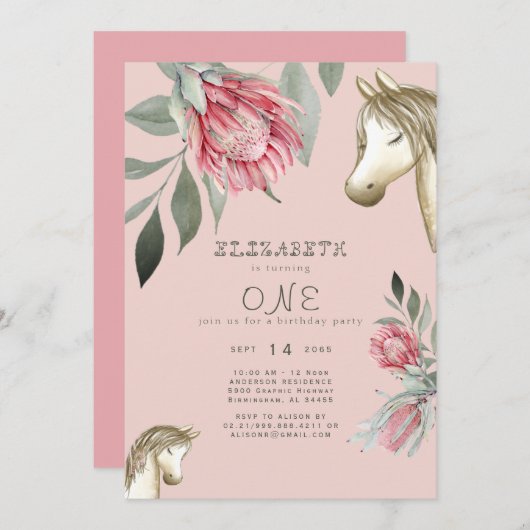 ピンクフローラポニーバースデーパーティーの招待 招待状 (正面/裏面)