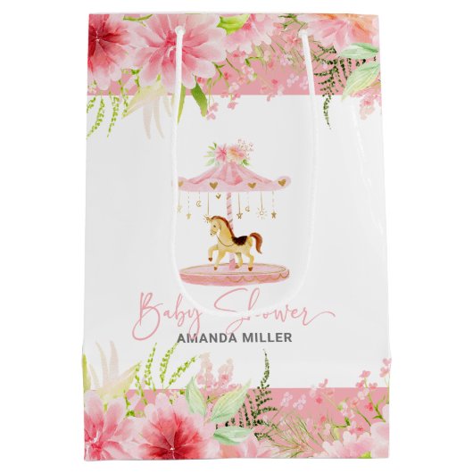 ピンクフローラポニー回転木馬ベイシャワータイポグラフィ ミディアムペーパーバッグ (裏面)