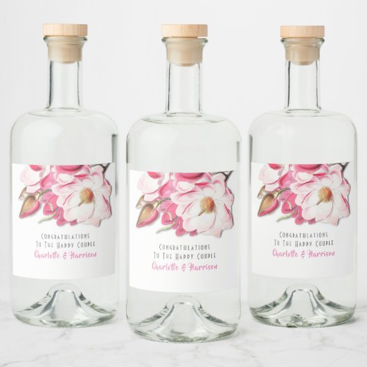 ピンクフローラマグノリアエレガントな結婚式 リキュールボトルラベル (ボトル)