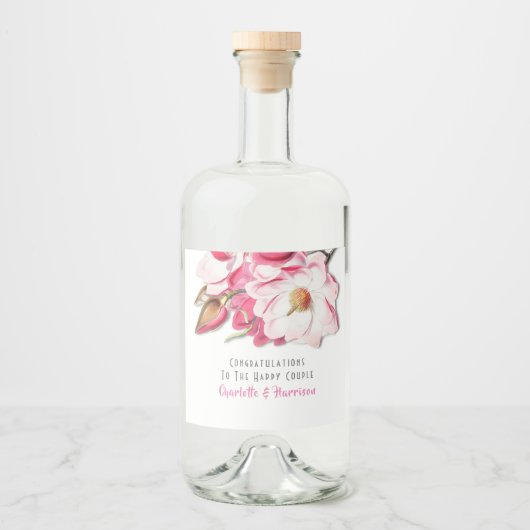 ピンクフローラマグノリアエレガントな結婚式 リキュールボトルラベル (正面)