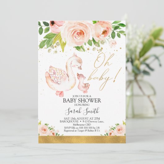 ピンクフローラマザーダックアヒルベビーシャワー 招待状 (スタンド正面)