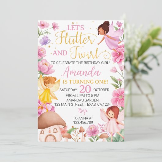 ピンクフローラマジカルフェアリー誕生日招待状 招待状 (スタンド正面)