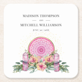 ピンクフローラマンダラ結晶結婚形而上学的 スクエアペーパーコースター