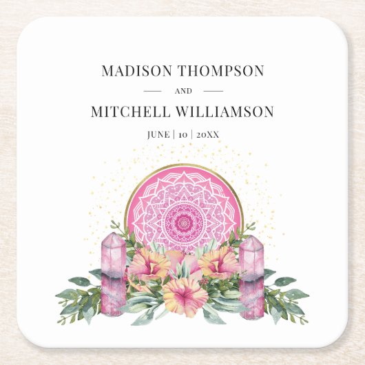 ピンクフローラマンダラ結晶結婚形而上学的 スクエアペーパーコースター (正面)