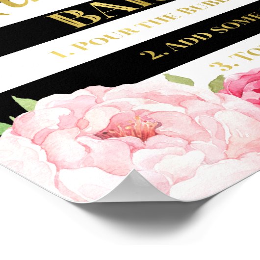 ピンクフローラミモサバーサイン金ゴールドブラックストライプ ポスター (角)