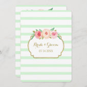 ピンクフローラミントストライプ金ゴールド結婚式招待状 招待状 (正面/裏面)