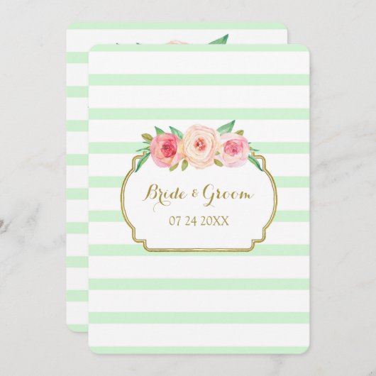 ピンクフローラミントストライプ金ゴールド結婚式招待状 招待状 (正面/裏面)