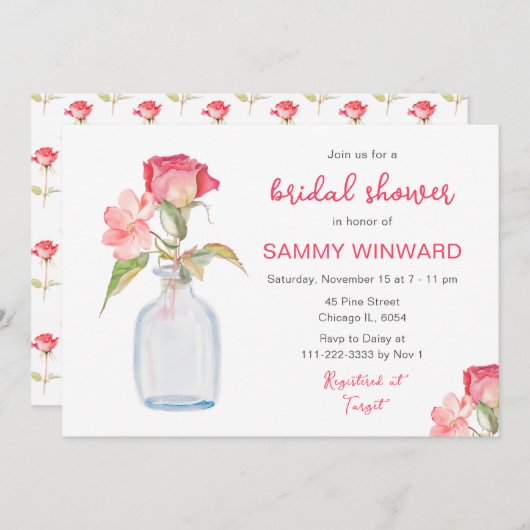 ピンクフローラメイスンジャーブライダルシャワー 招待状 (正面/裏面)