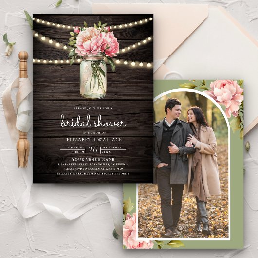 ピンクフローラメイスンジャールフォトウッドブライダルシャワー 招待状