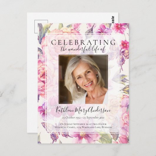 ピンクフローラメモリアルサービス招待状 ポストカード (正面/裏面)