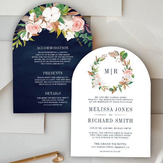 ピンクフローラモグノリアモノグラム結婚オールインワン 招待状