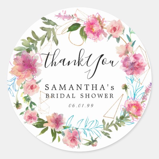 ピンクフローラモダンアンドゴルドブライダルシャワー ラウンドシール (正面)