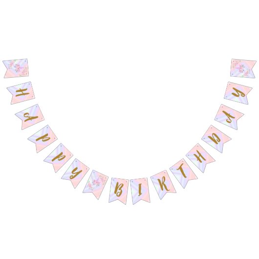 ピンクフローラモダンユニコーン誕生日 バンティングフラッグ (全)