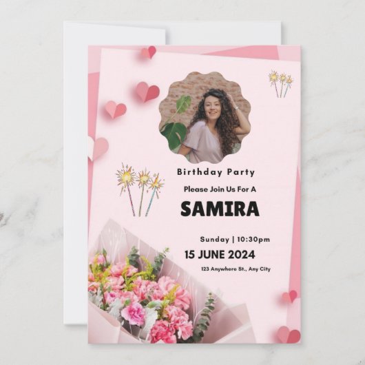 ピンクフローラモダン誕生日 招待状 (正面)