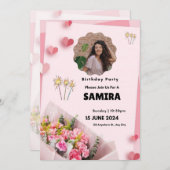 ピンクフローラモダン誕生日 招待状 (正面/裏面)