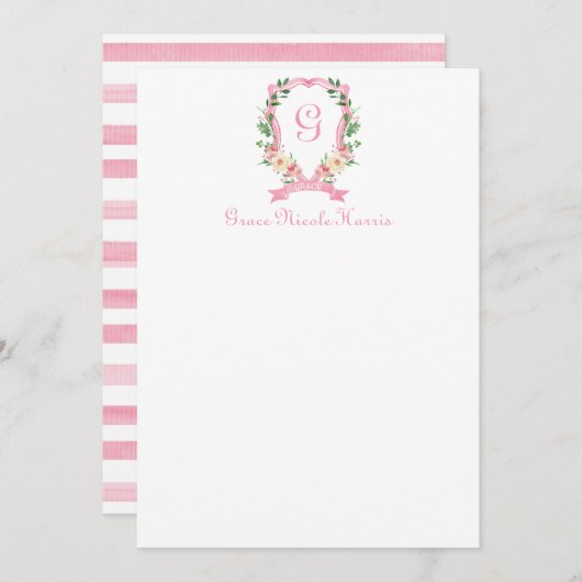 ピンクフローラモノグラムのクレストサンキューカード サンキューカード (正面/裏面)