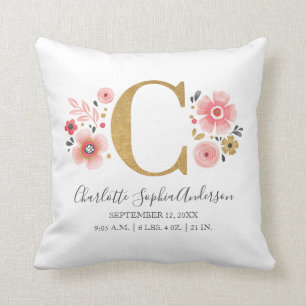 ピンクフローラモノグラムイニシャルレターC誕生統計 クッション