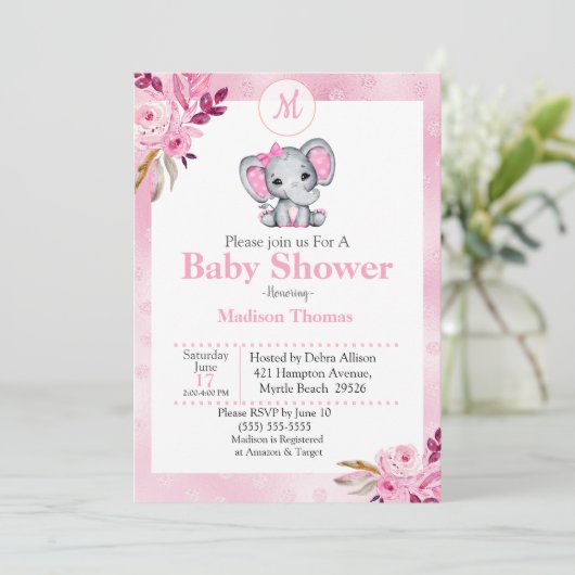 ピンクフローラモノグラムエレファントベビージャーシャワー 招待状 (スタンド正面)