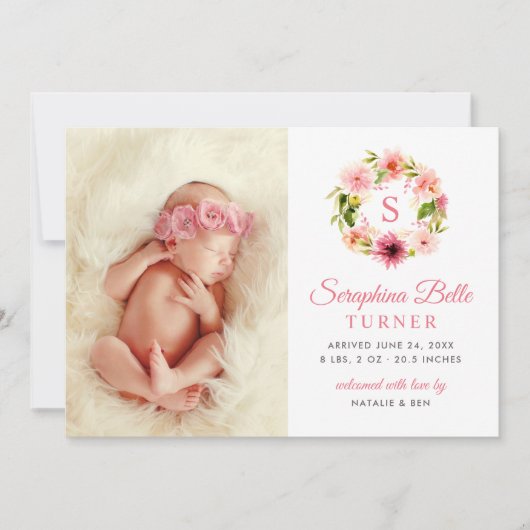 ピンクフローラモノグラムリースベビーガールフォト誕生 案内状 (正面)