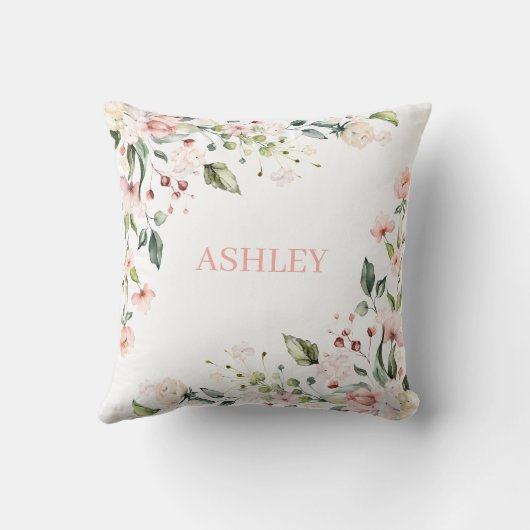 ピンクフローラモノグラム水パーソナライズされた色名 クッション (裏面)