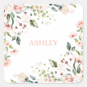 ピンクフローラモノグラム水パーソナライズされた色名 スクエアシール (正面)