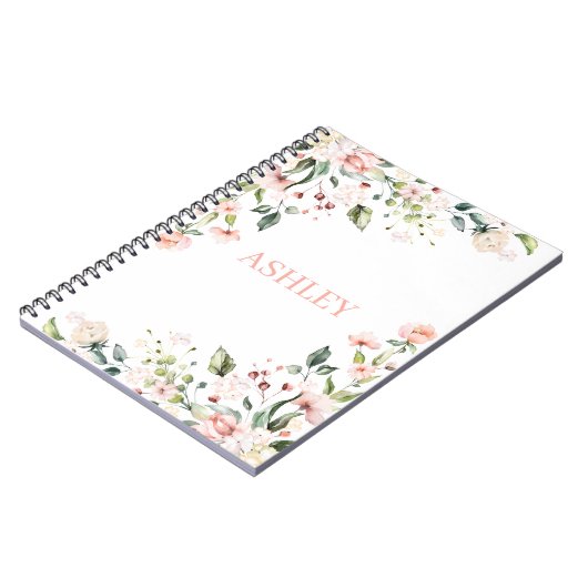 ピンクフローラモノグラム水パーソナライズされた色名 ノートブック (左側)