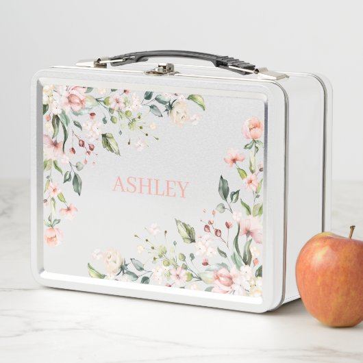 ピンクフローラモノグラム水パーソナライズされた色名 メタルランチボックス (インサイチュ)