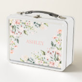 ピンクフローラモノグラム水パーソナライズされた色名 メタルランチボックス (正面)