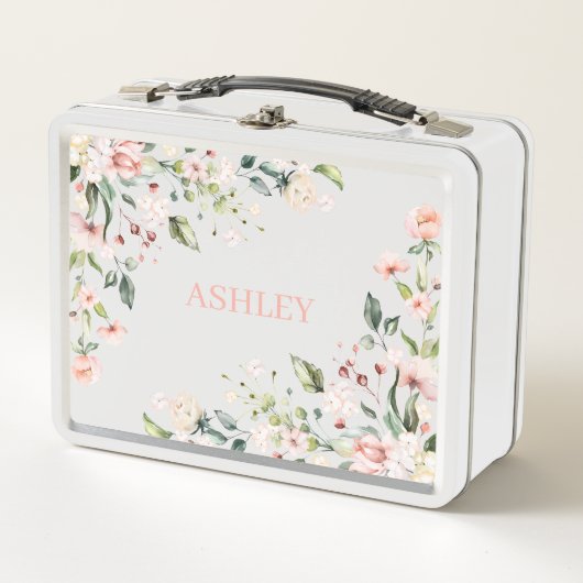 ピンクフローラモノグラム水パーソナライズされた色名 メタルランチボックス (正面)