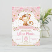 ピンクフローラモンキー1st誕生日招待状ガール 招待状 (スタンド正面)