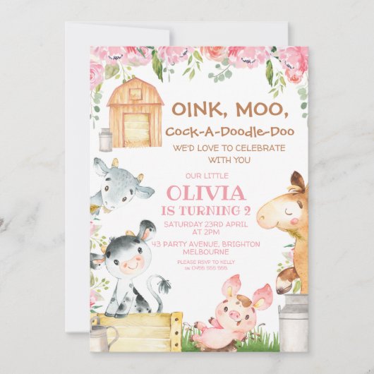 ピンクフローラモーインクファーム納屋周囲の庭誕生日 招待状 (正面)