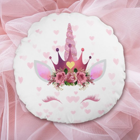 ピンクフローラユニコーンオンハートバレンタイン ラウンドクッション