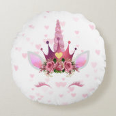 ピンクフローラユニコーンオンハートバレンタイン ラウンドクッション (正面)