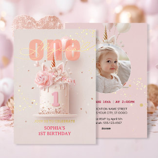 ピンクフローラユニコーンスタイルファースト誕生日 箔招待状